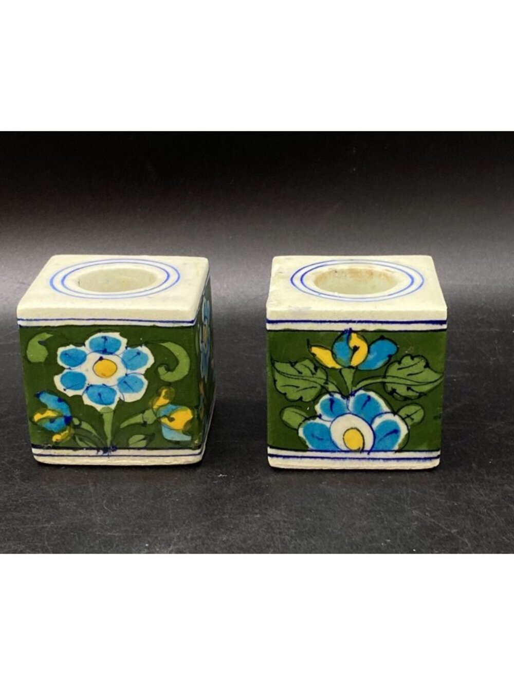 2 Blue Flowers Candle Holders Floral Square Ink Well Style India READ